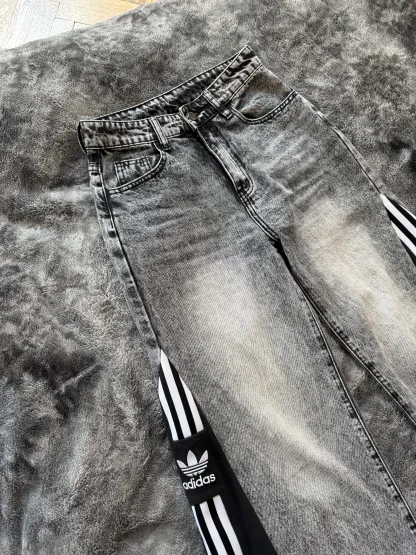 Custom Grey Wide Leg Jeans with Three Stripes – One of a Kind – Size XXS/XS