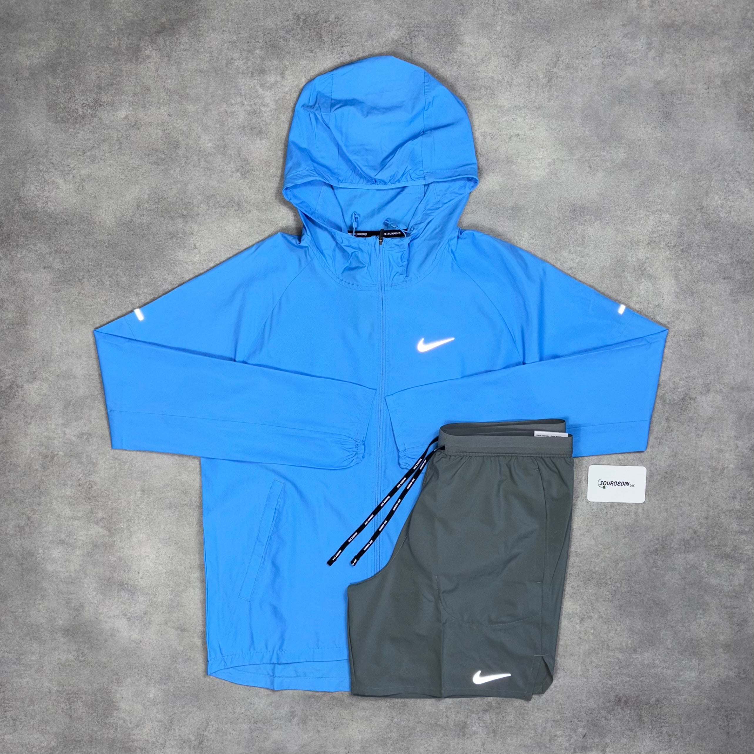 Repel Miler Windrunner Jacket University Blue & 7” Grey/Black Flex Stride Shorts Set-OSI