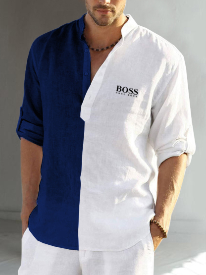 Color block cotton linen men's long sleeve casual shirt-OSI