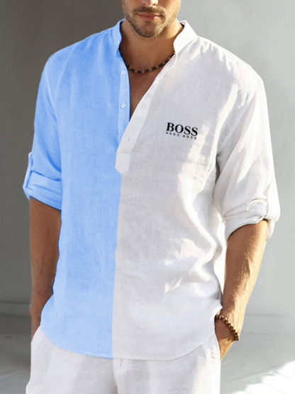 Color block cotton linen men's long sleeve casual shirt-OSI