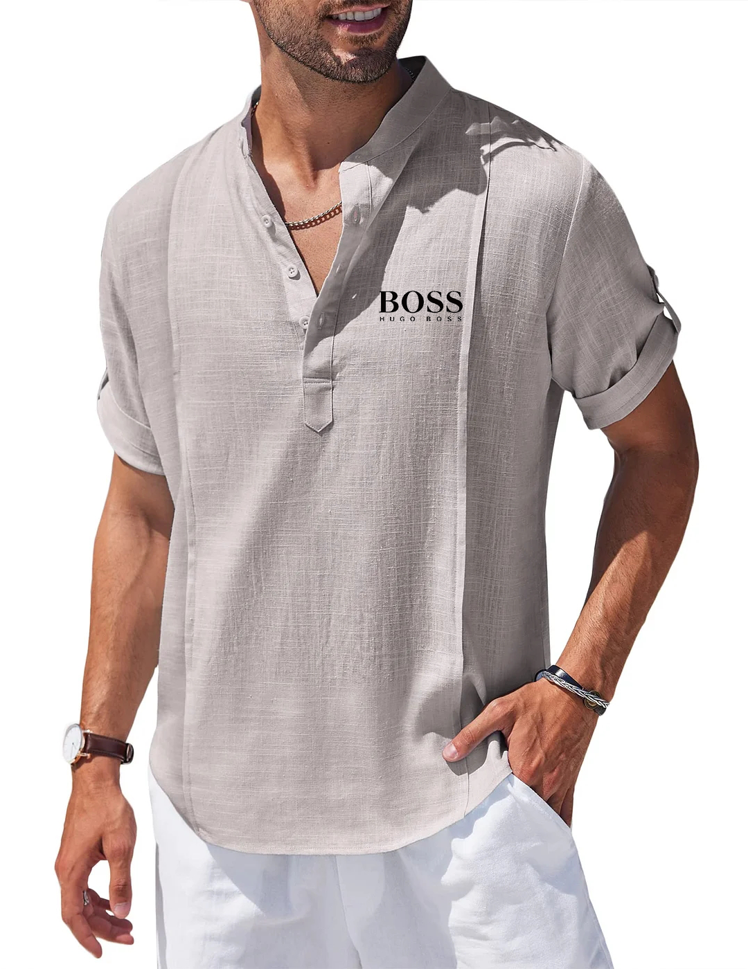 Men's Linen Cotton Henley Shirt Casual Beach Hippie Shirts Short Sleeve T Shirts-OSI