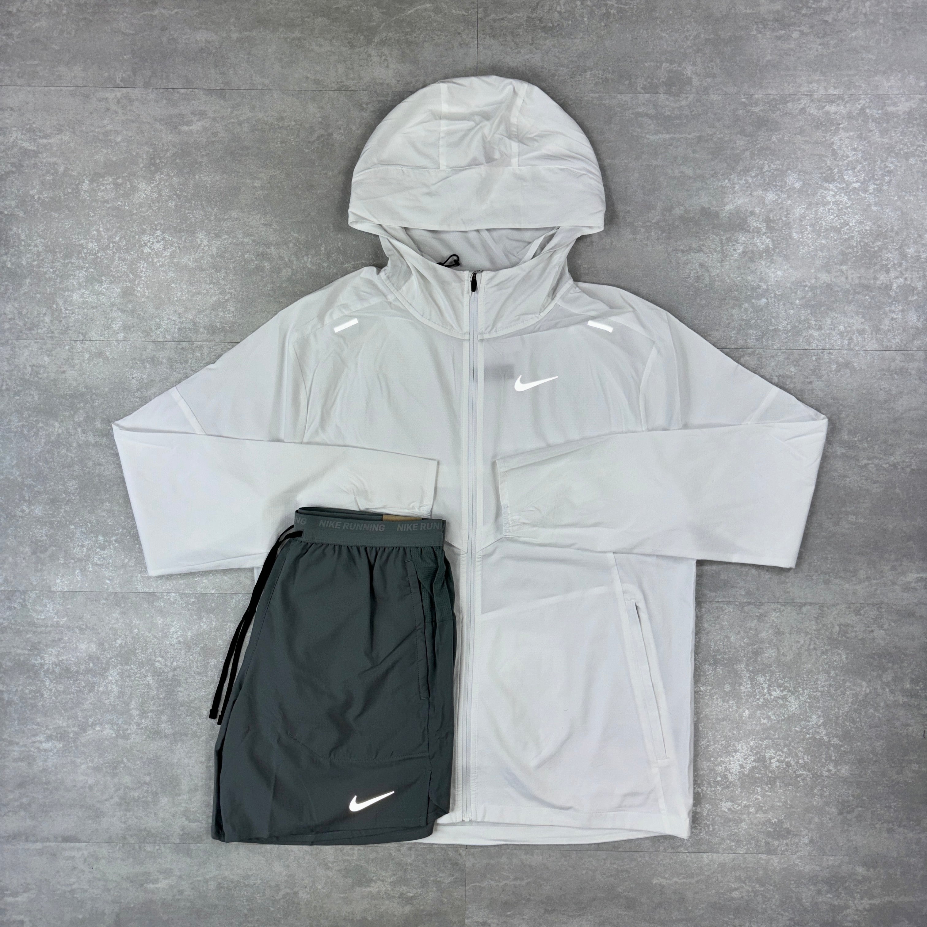White Windbreaker Set & Grey Flex Strides Shorts Set-OSI