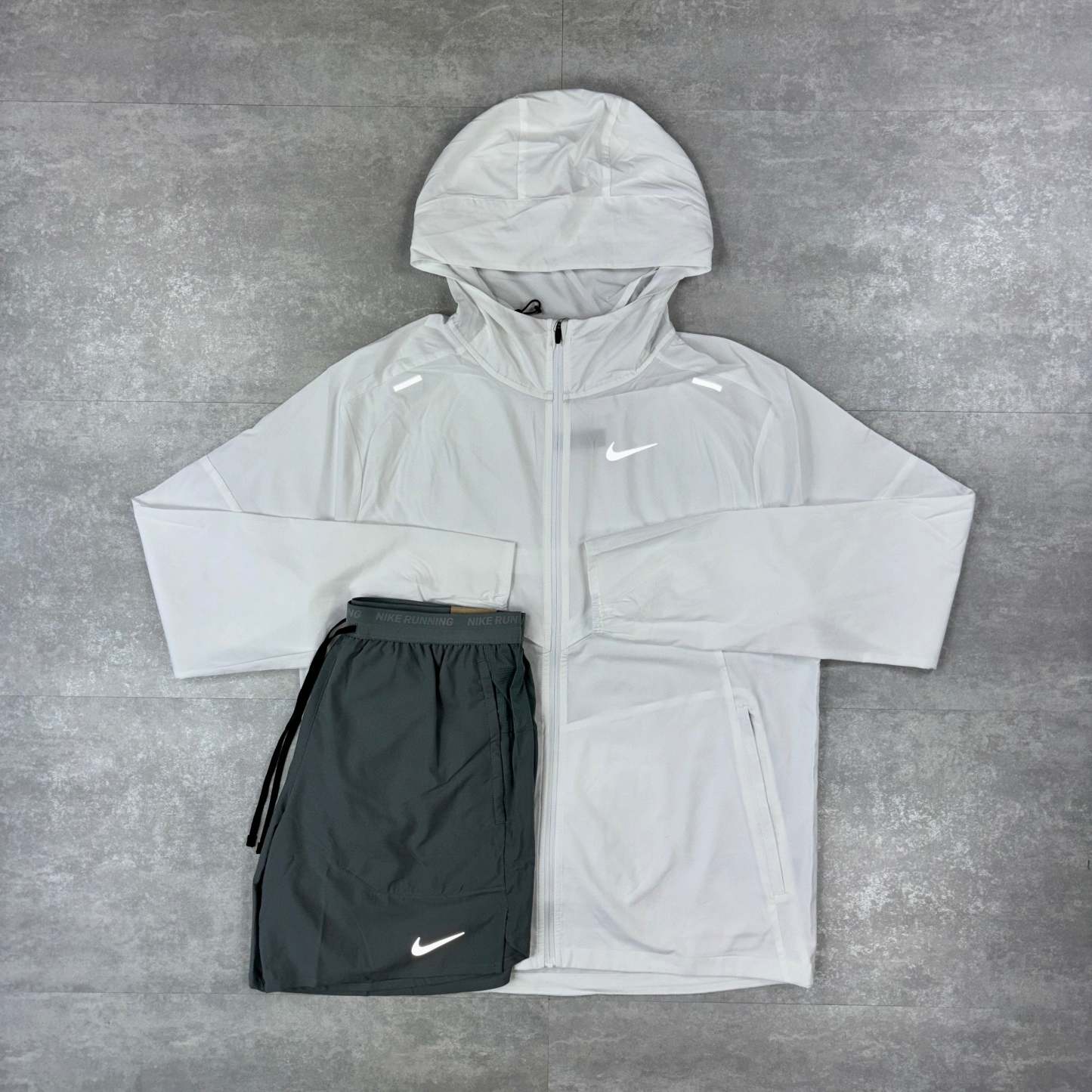 White Windbreaker Set & Grey Flex Strides Shorts Set-OSI