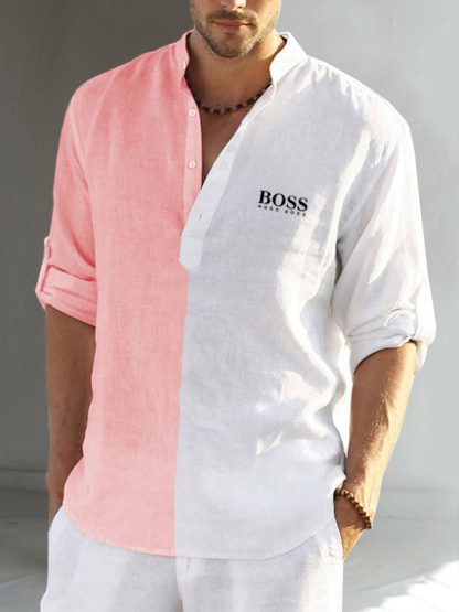 Color block cotton linen men's long sleeve casual shirt-OSI