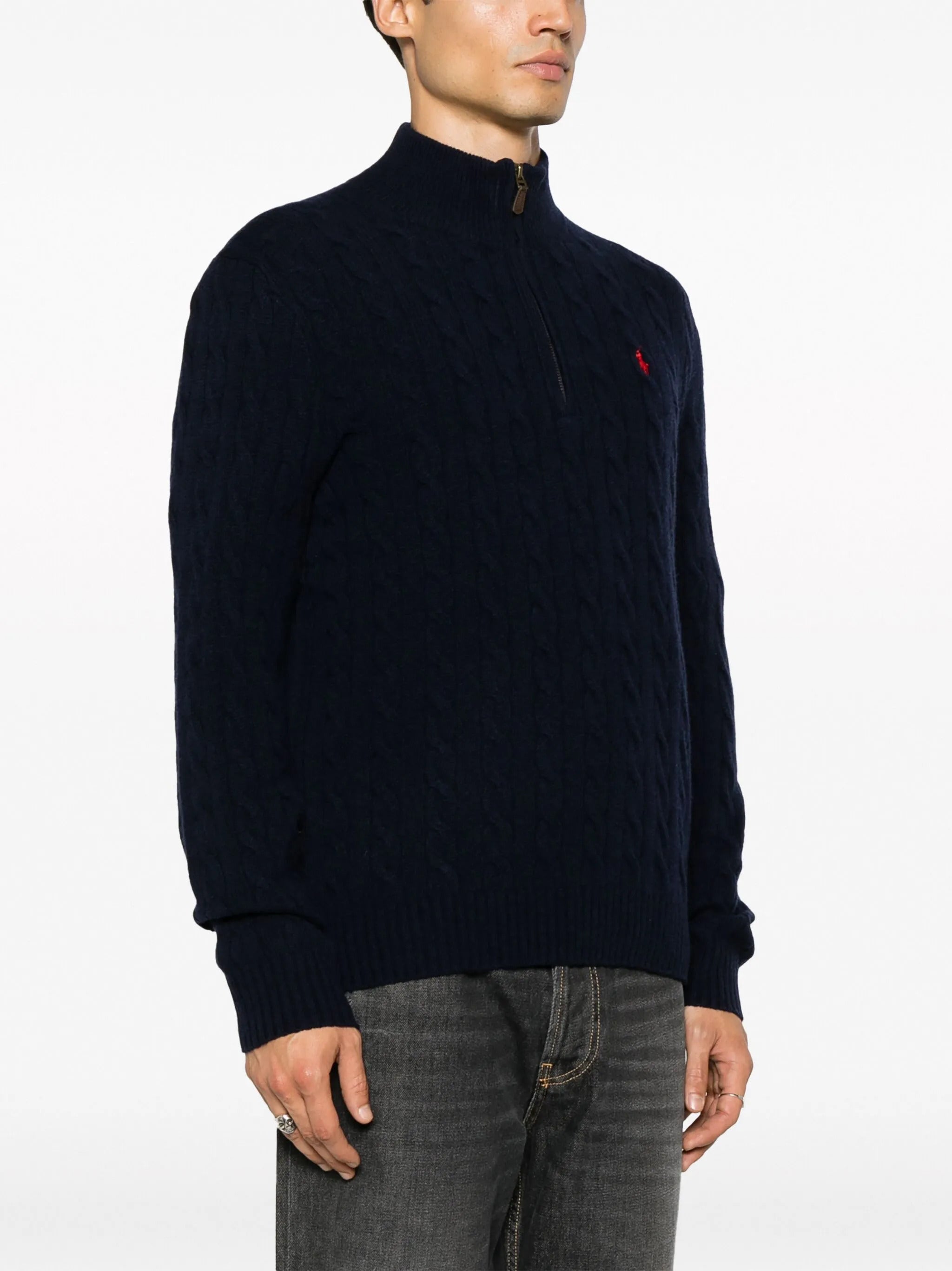 POLO  High-Neck Wool and Cashmere Sweater with Cable Knit Pattern-OSI