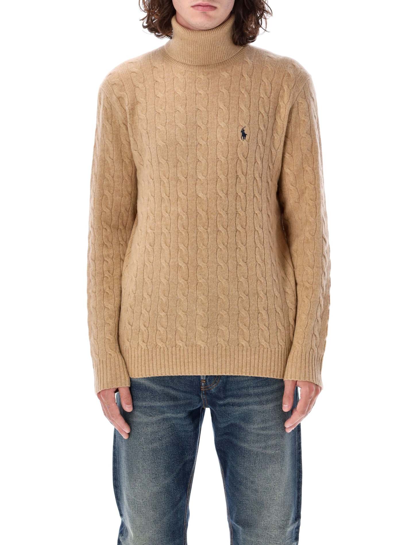POLO  Men's Cashmere and Wool Cable Knit Turtleneck Sweater-OSI