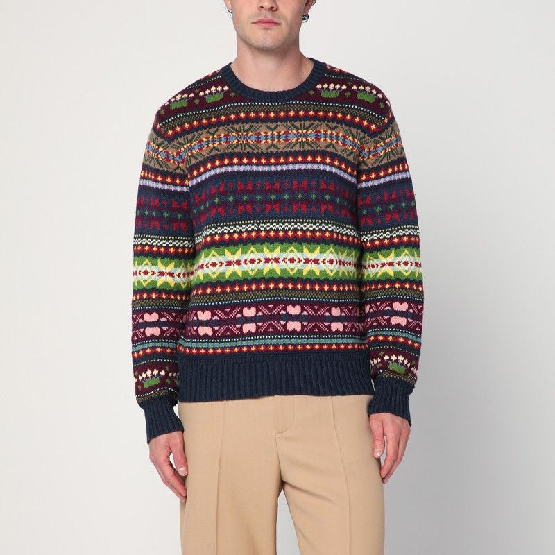 POLO  Multicolored Crew Neck Sweater with Intarsia - Men’s Fashion Wear-OSI