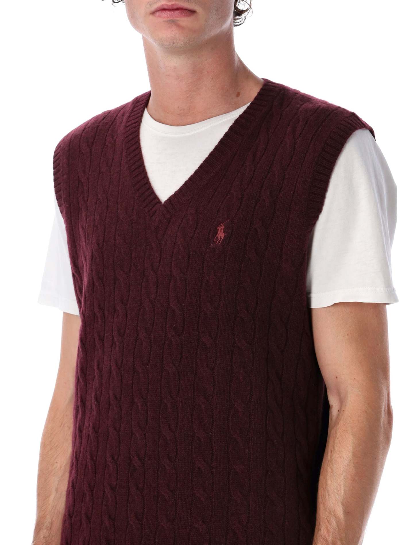 POLO  Cable-Knit Cashmere Sleeveless Jumper with V-Neck-OSI