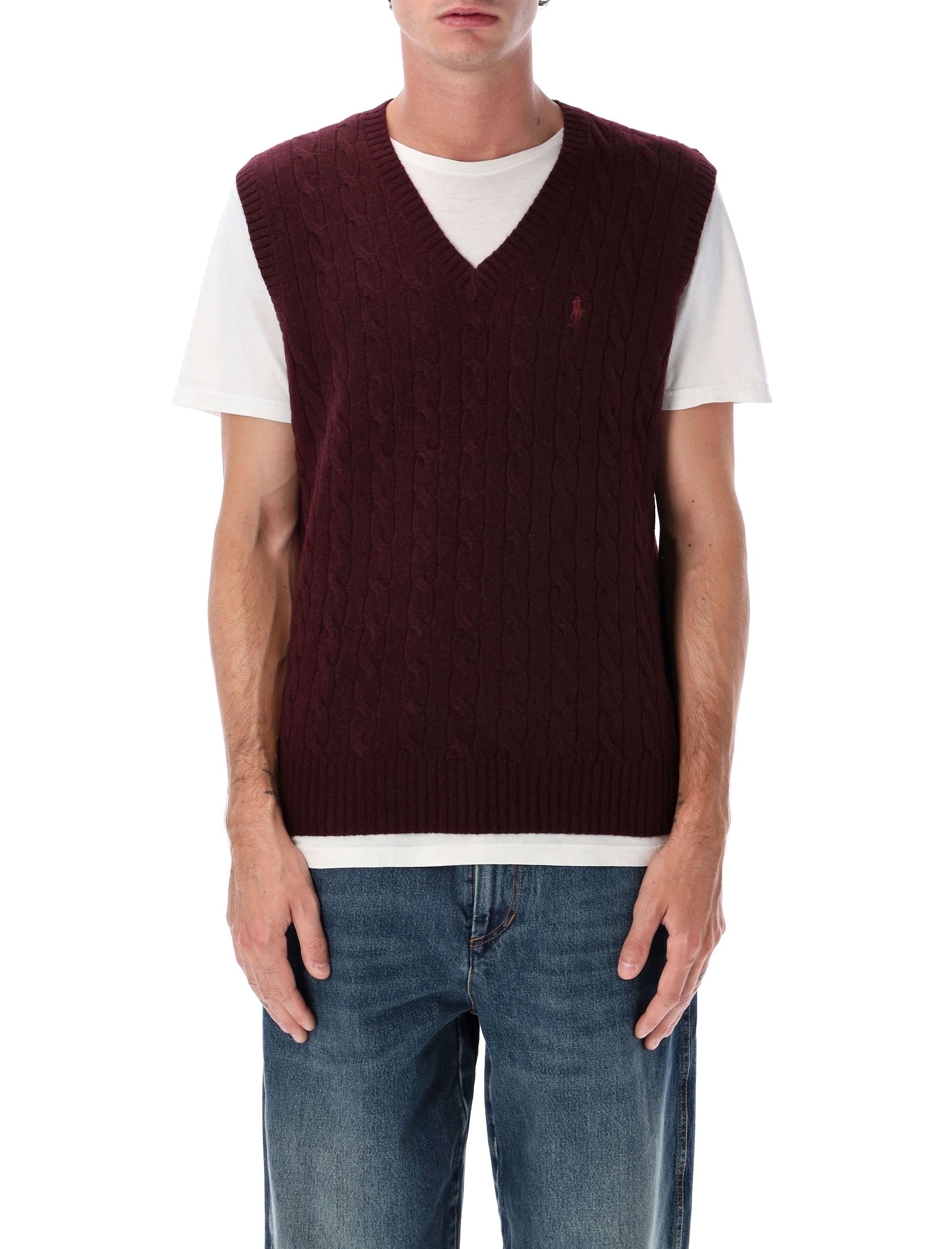 POLO  Cable-Knit Cashmere Sleeveless Jumper with V-Neck-OSI
