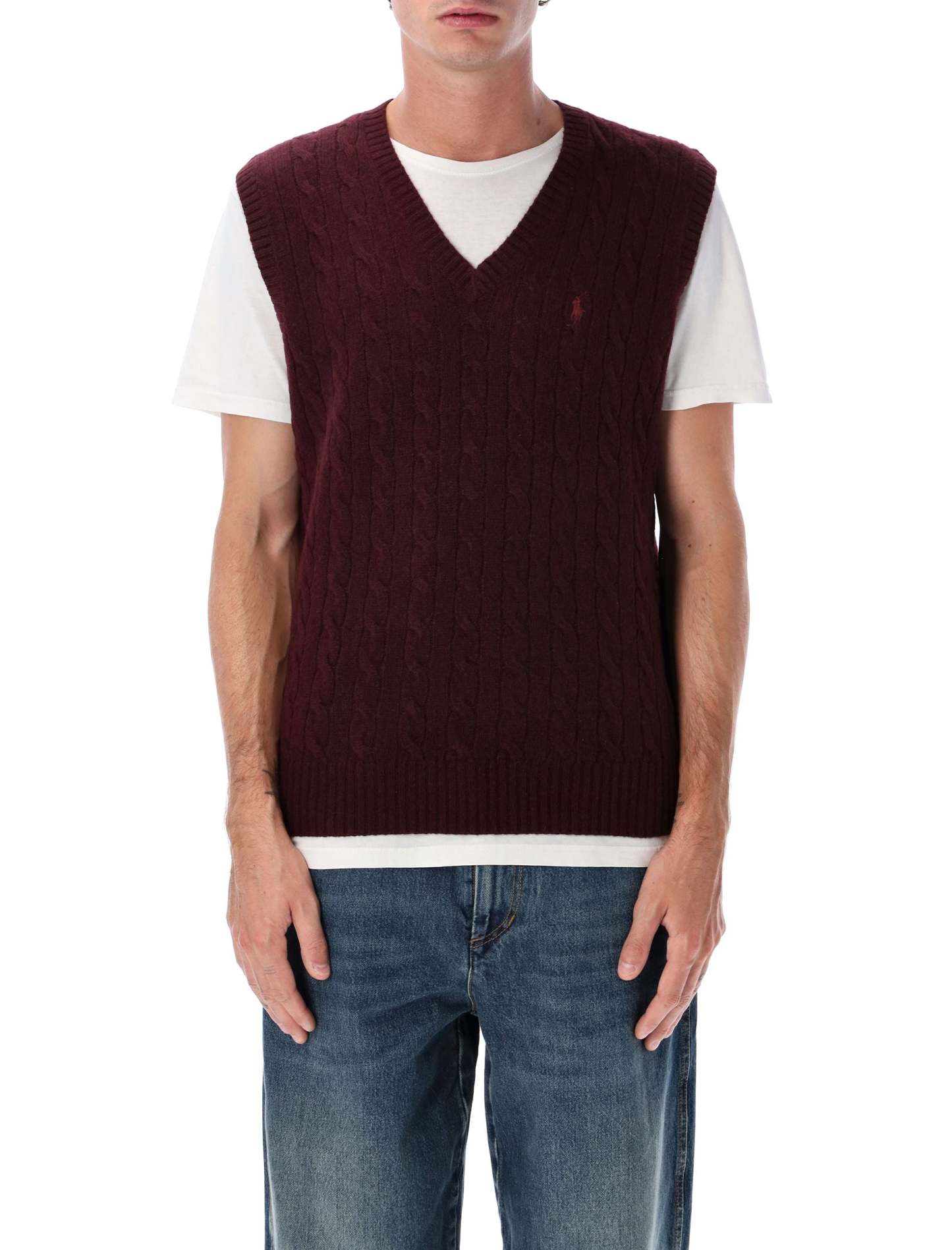 POLO  Cable-Knit Cashmere Sleeveless Jumper with V-Neck-OSI