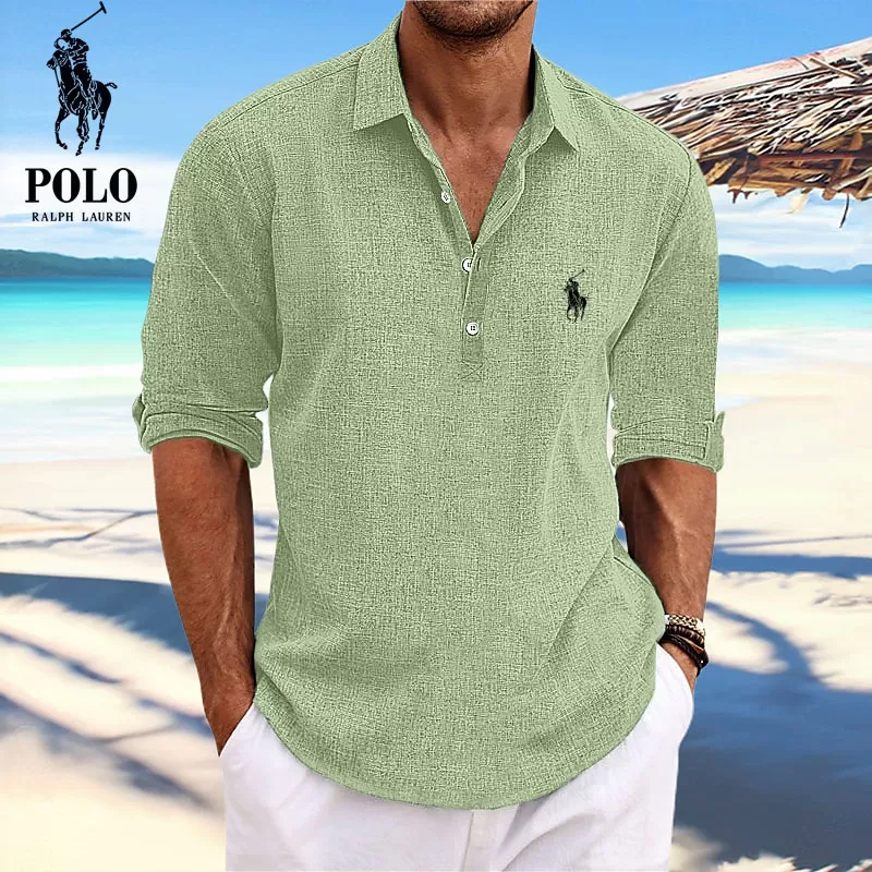 Men's Lapel Beach Long Sleeve Shirt-OSI