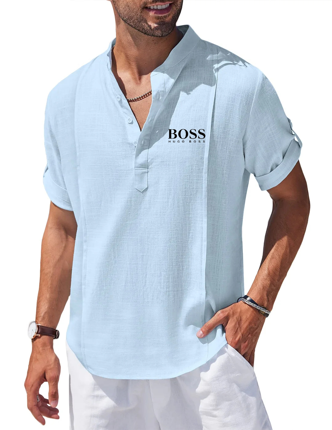 Men's Linen Cotton Henley Shirt Casual Beach Hippie Shirts Short Sleeve T Shirts-OSI