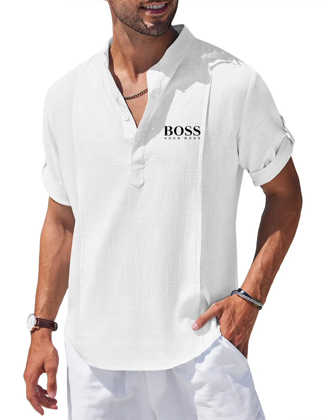 Men's Linen Cotton Henley Shirt Casual Beach Hippie Shirts Short Sleeve T Shirts-OSI