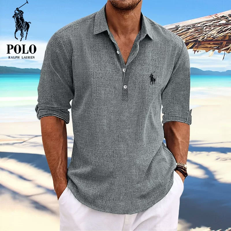 Men's Lapel Beach Long Sleeve Shirt-OSI