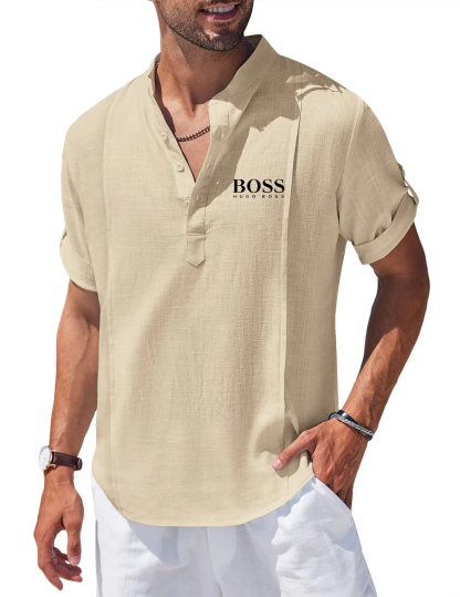 Men's Linen Cotton Henley Shirt Casual Beach Hippie Shirts Short Sleeve T Shirts-OSI