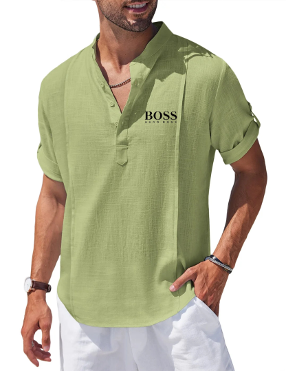 Men's Linen Cotton Henley Shirt Casual Beach Hippie Shirts Short Sleeve T Shirts-OSI
