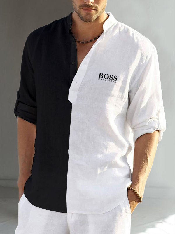 Color block cotton linen men's long sleeve casual shirt-OSI