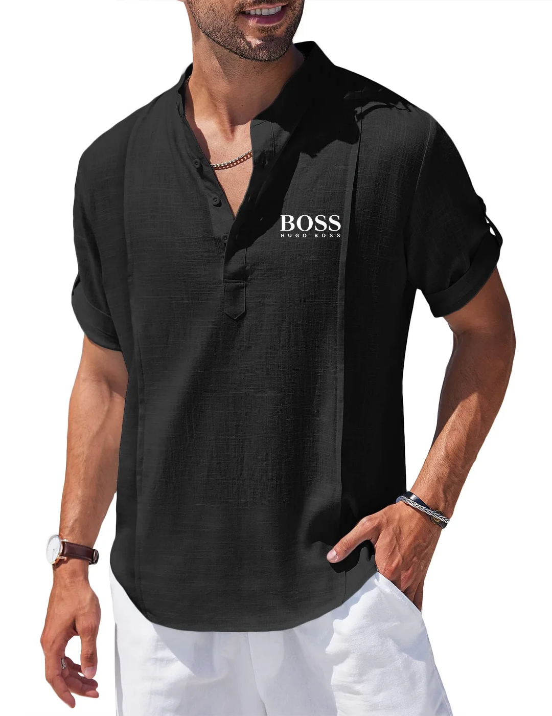 Men's Linen Cotton Henley Shirt Casual Beach Hippie Shirts Short Sleeve T Shirts-OSI
