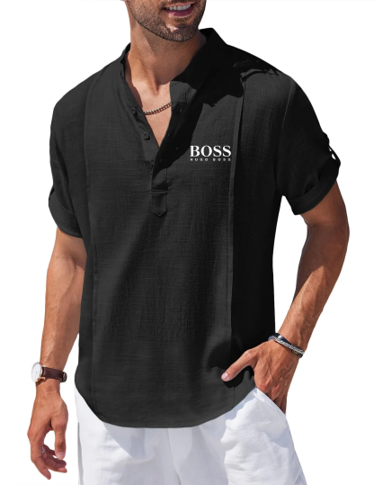 Men's Linen Cotton Henley Shirt Casual Beach Hippie Shirts Short Sleeve T Shirts-OSI