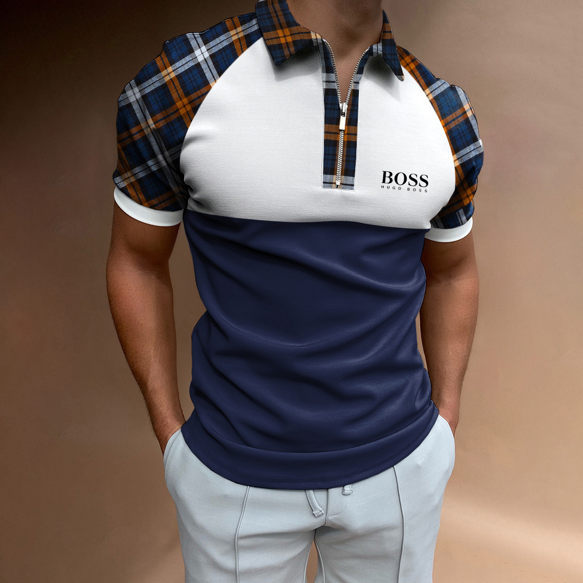 Men's print color block casual short-sleeved polo shirt-OSI