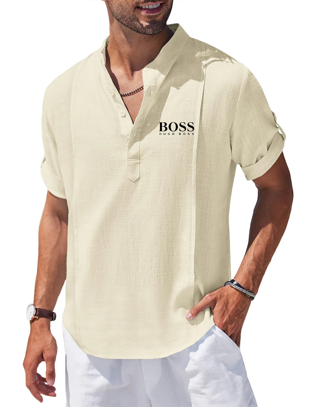 Men's Linen Cotton Henley Shirt Casual Beach Hippie Shirts Short Sleeve T Shirts-OSI