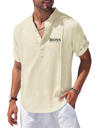 Men's Linen Cotton Henley Shirt Casual Beach Hippie Shirts Short Sleeve T Shirts-OSI