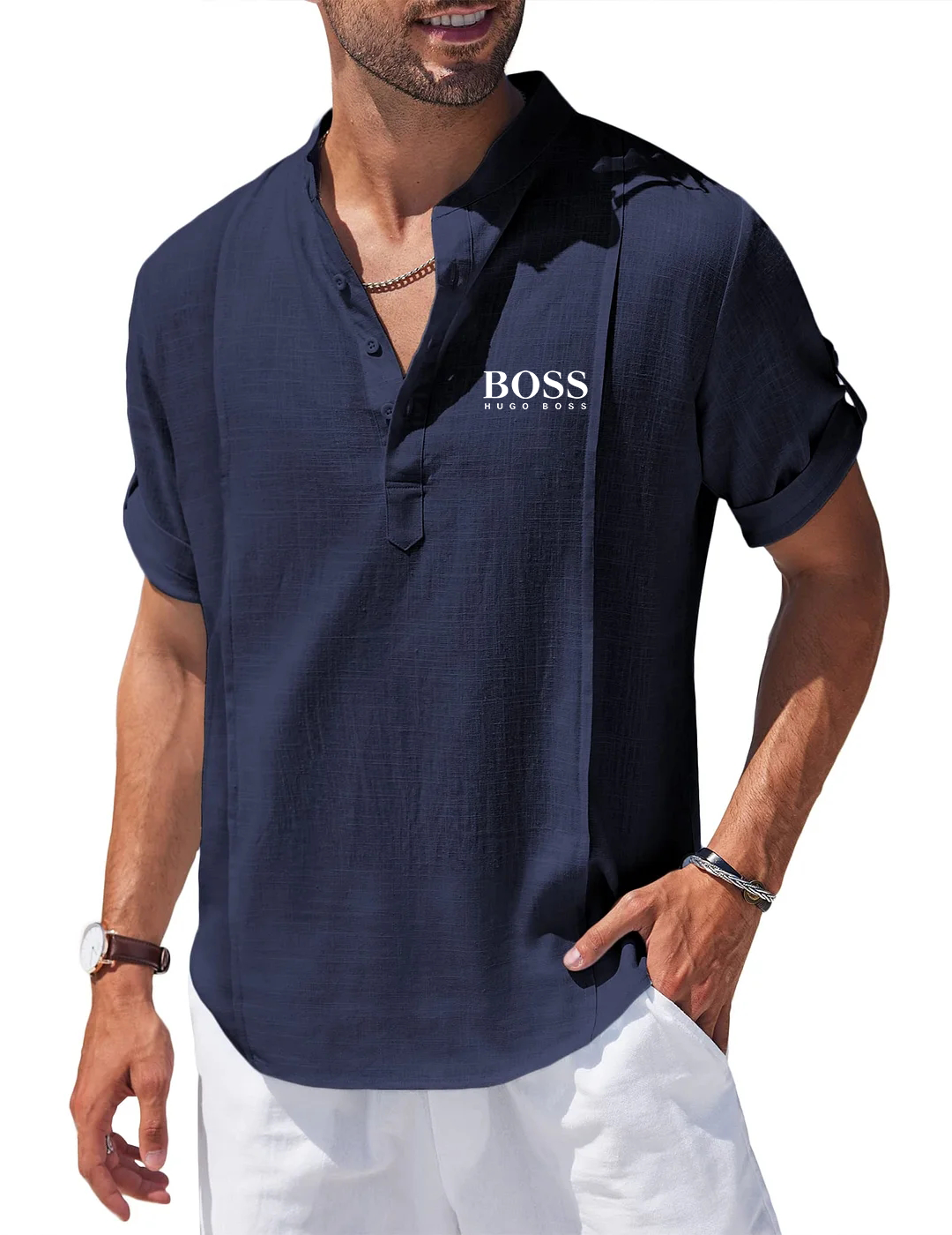 Men's Linen Cotton Henley Shirt Casual Beach Hippie Shirts Short Sleeve T Shirts-OSI