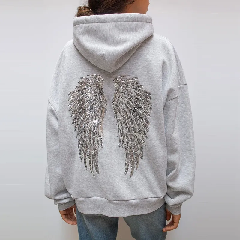 Women's Grey Sequined Angel Wings Cropped Hoodie and Sweatpants Set - Stylish and Casual-OSI