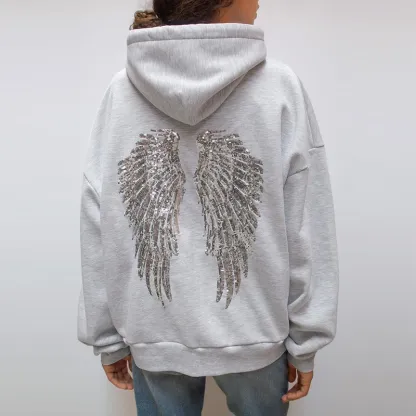 Women's Grey Sequined Angel Wings Cropped Hoodie and Sweatpants Set - Stylish and Casual-OSI