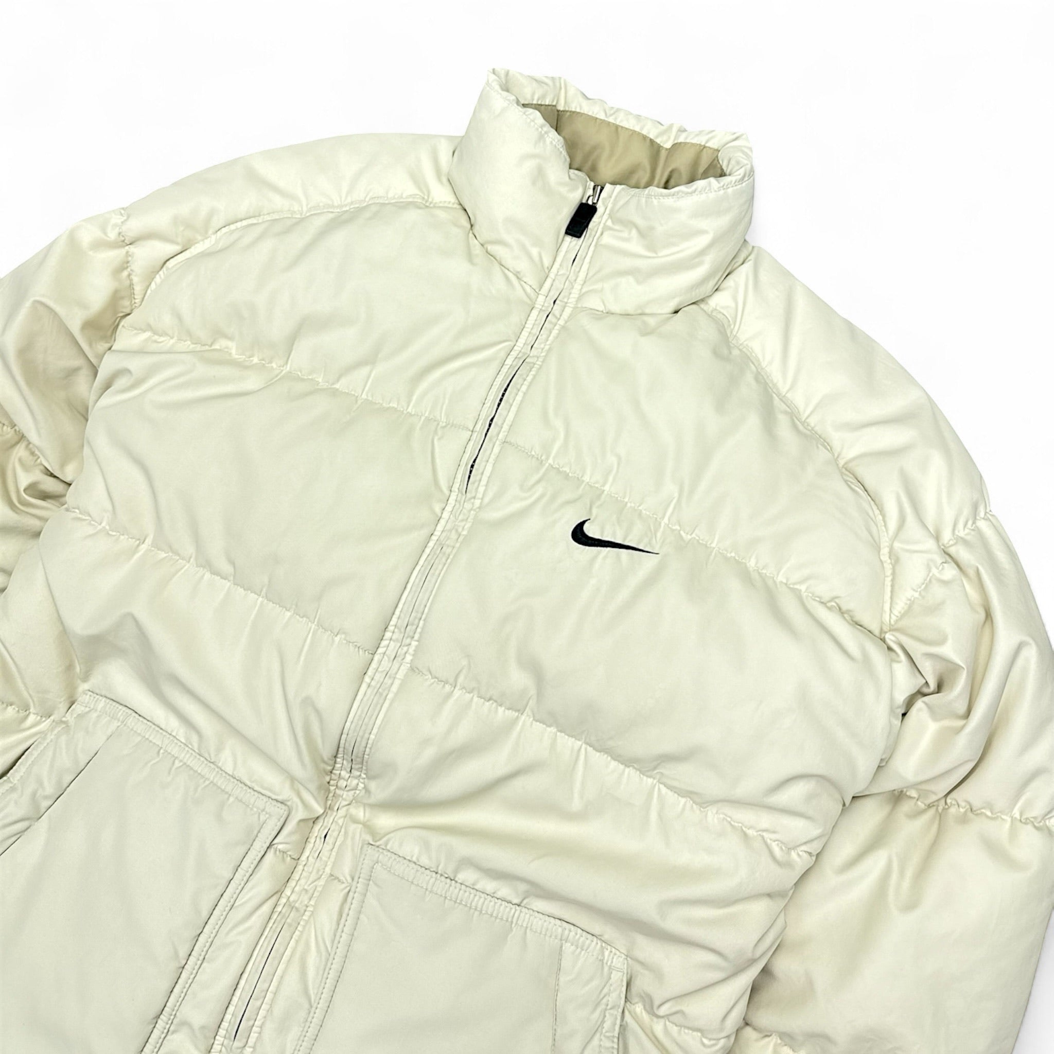 Vintage 90s Rare Center-Swoosh Puffer Jacke Beige-OSI