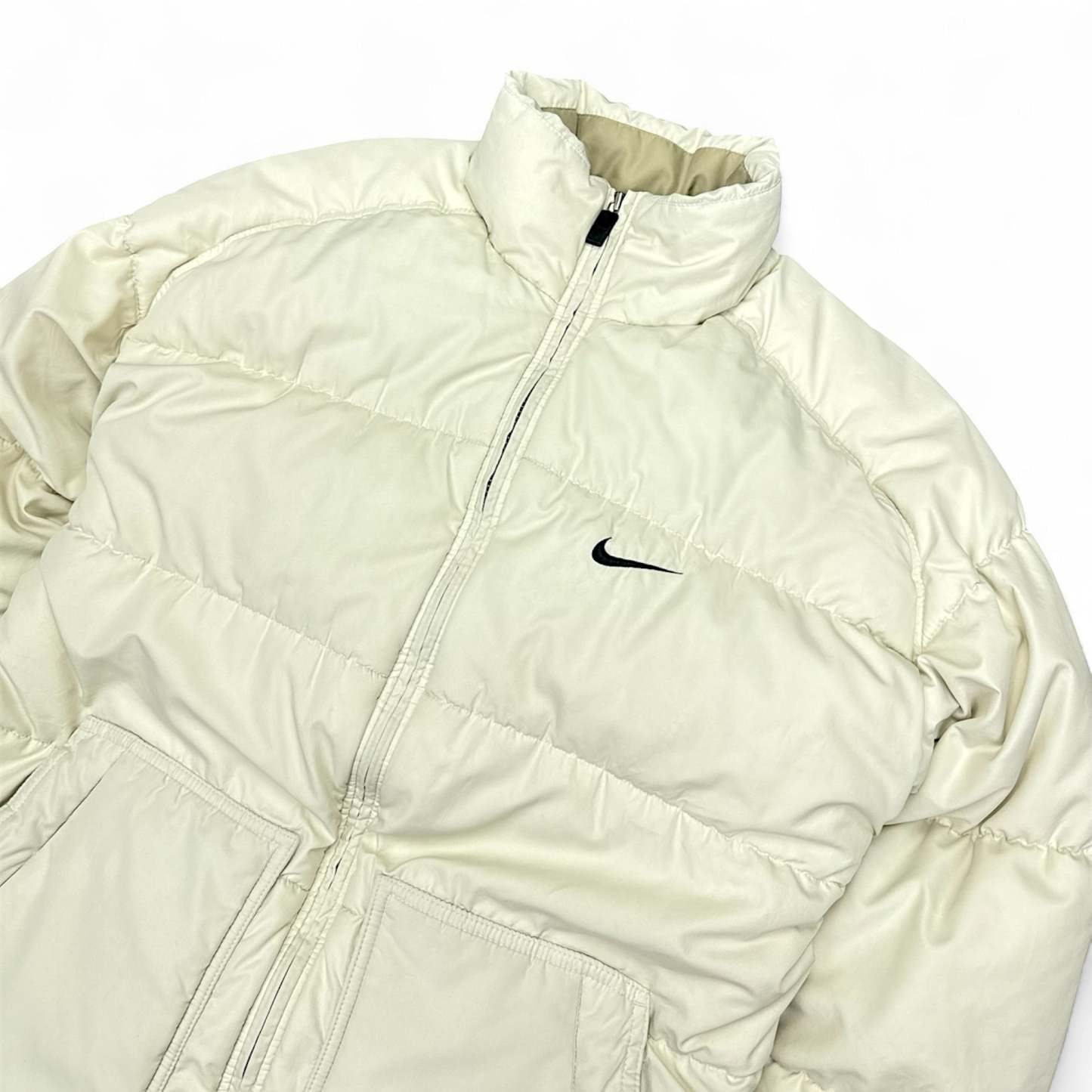 Vintage 90s Rare Center-Swoosh Puffer Jacke Beige-OSI