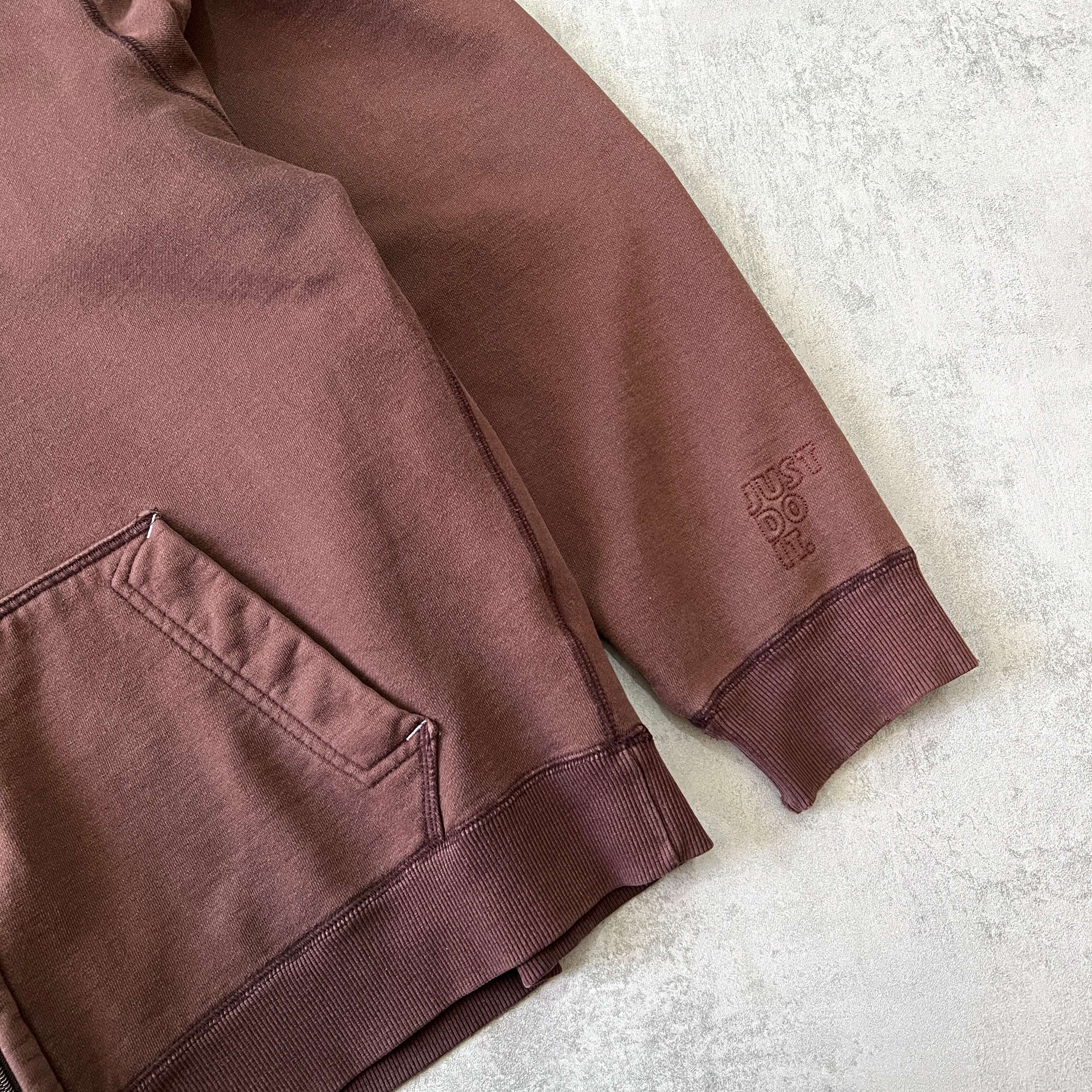 RARE 2000s zip heavyweight embroidered BROWN hoodie-OSI