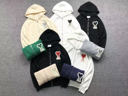 Ami Big Red Heart Zip Up Hoodie White