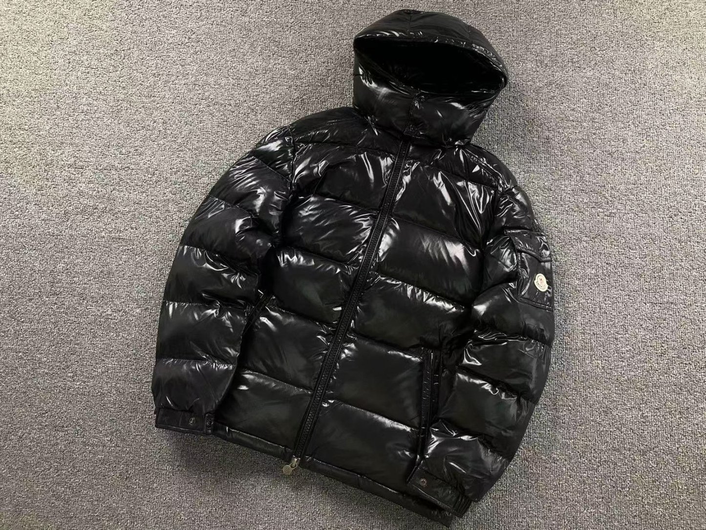 Moncler Logo Shiny Puffer Jacket Black