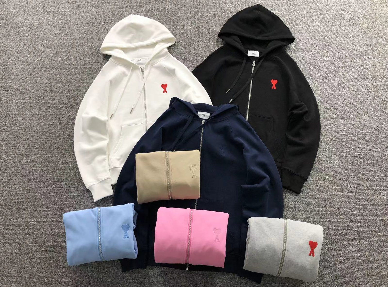Ami Red Heart Zip Up Hoodie Black