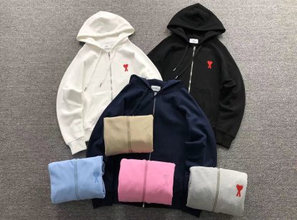 Ami Red Heart Zip Up Hoodie Black