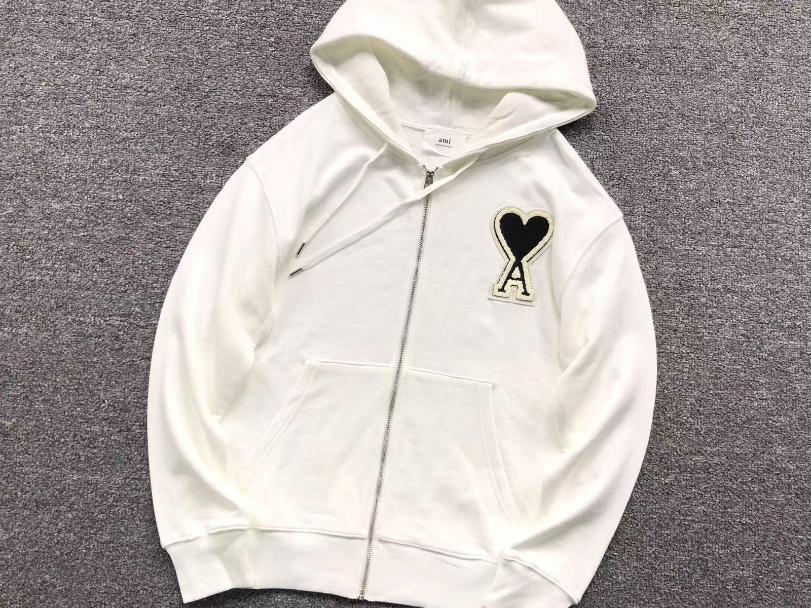 Ami Big Black Heart Zip Up Hoodie White