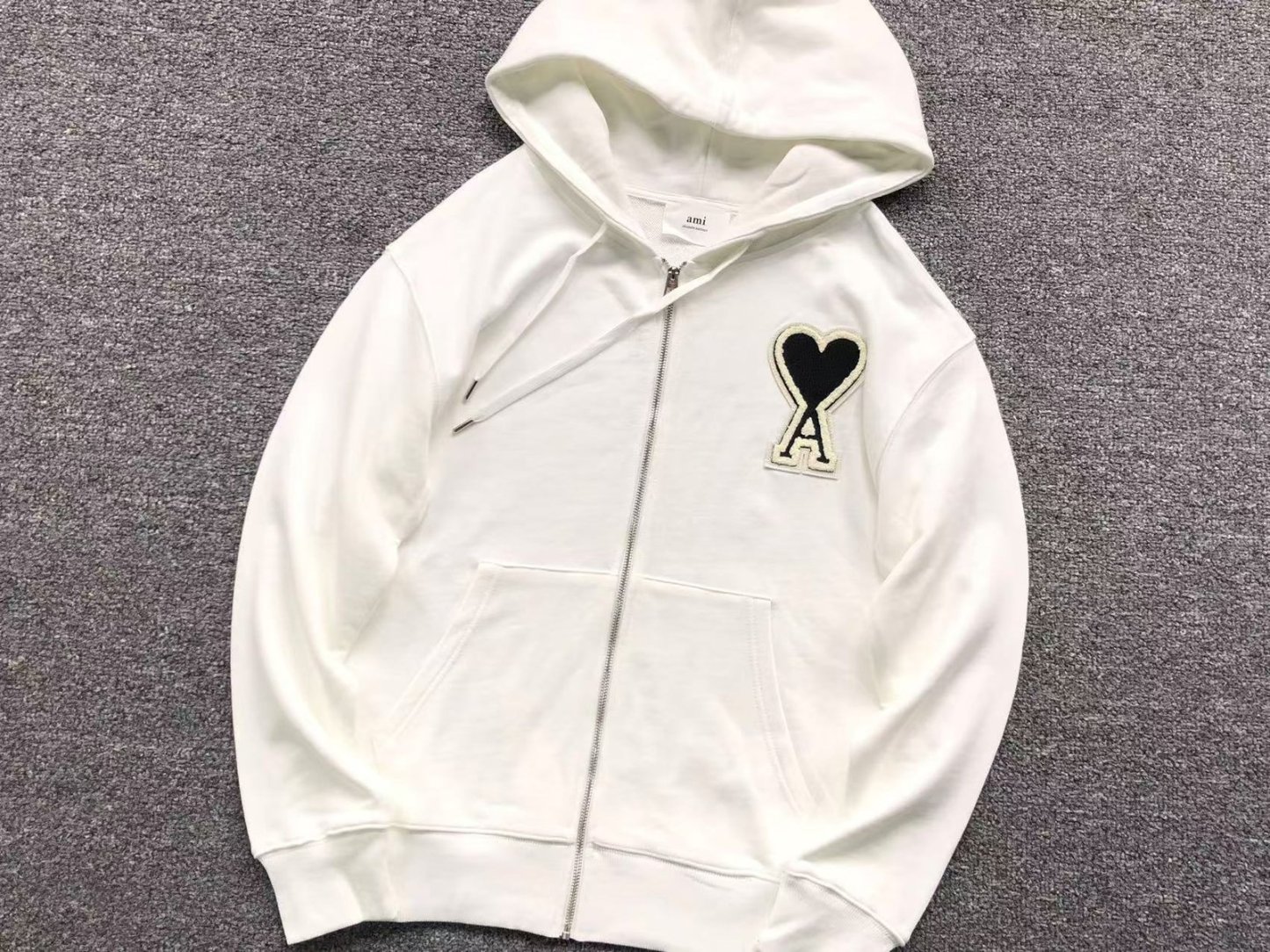 Ami Big Black Heart Zip Up Hoodie White