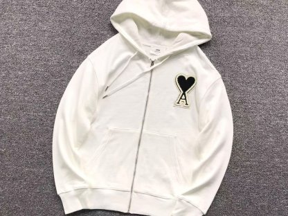 Ami Big Black Heart Zip Up Hoodie White