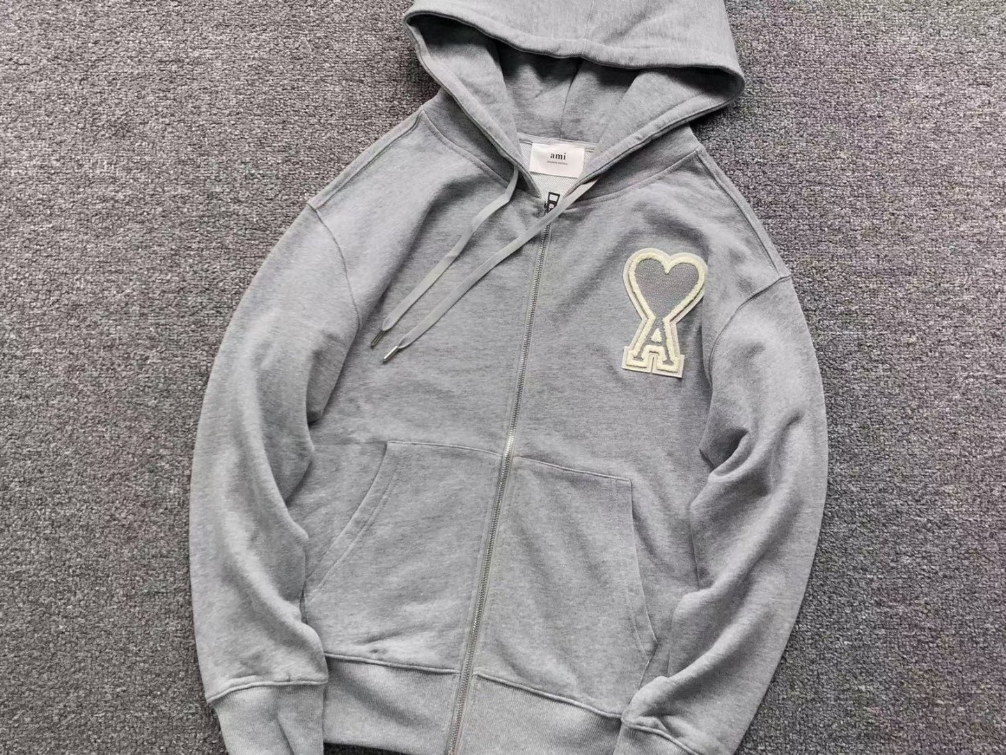 Ami Big Grey Heart Zip Up Hoodie Grey