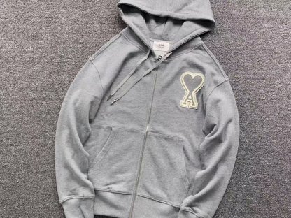 Ami Big Grey Heart Zip Up Hoodie Grey