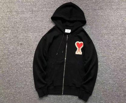 Ami Big Red Heart Zip Up Hoodie Black