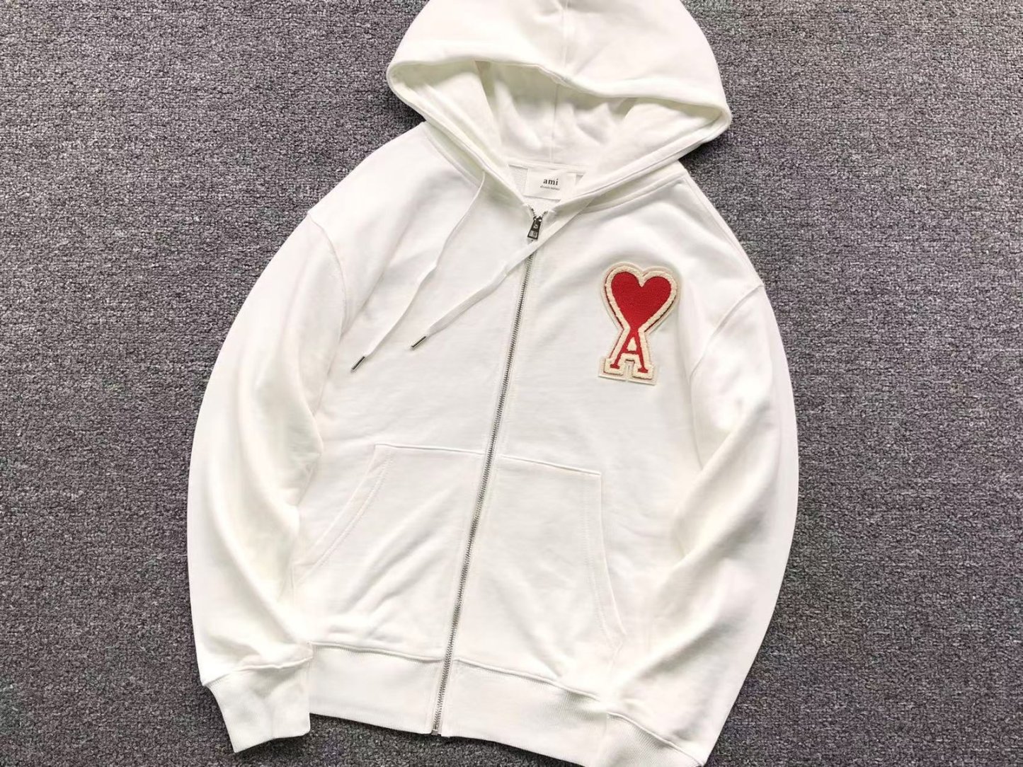 Ami Big Red Heart Zip Up Hoodie White