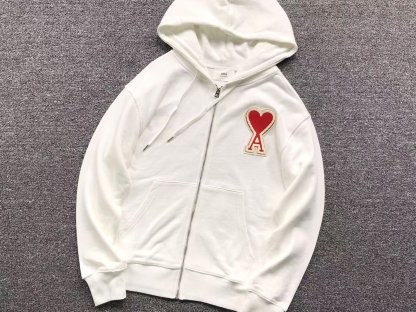 Ami Big Red Heart Zip Up Hoodie White