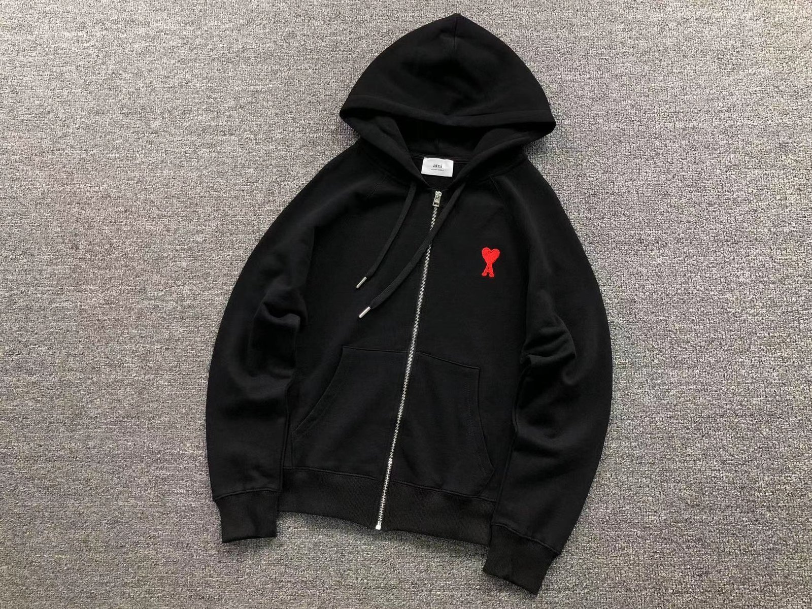 Ami Red Heart Zip Up Hoodie Black