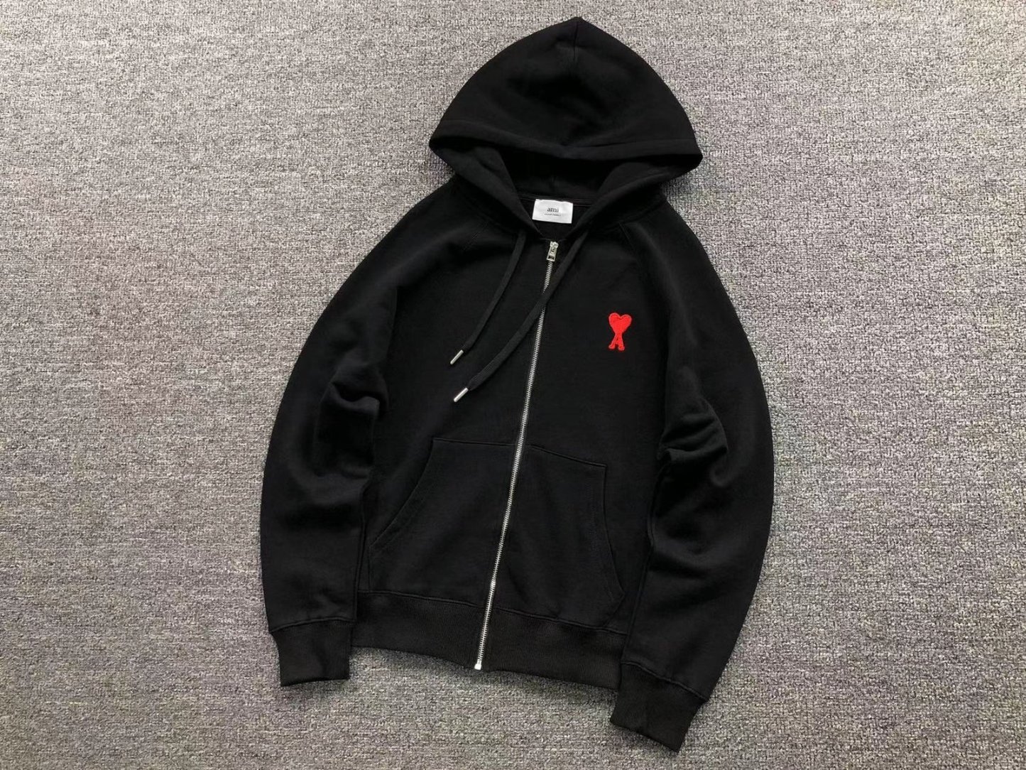 Ami Red Heart Zip Up Hoodie Black