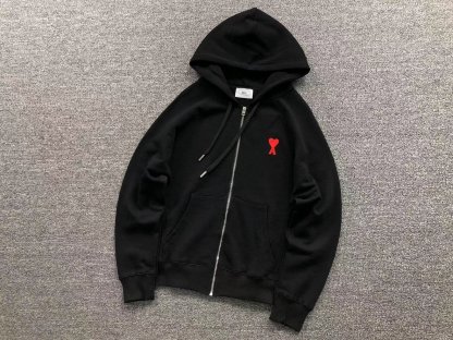Ami Red Heart Zip Up Hoodie Black