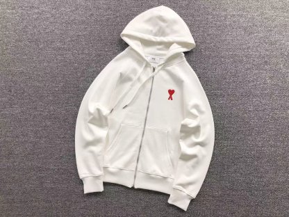 Ami Red Heart Zip Up Hoodie White