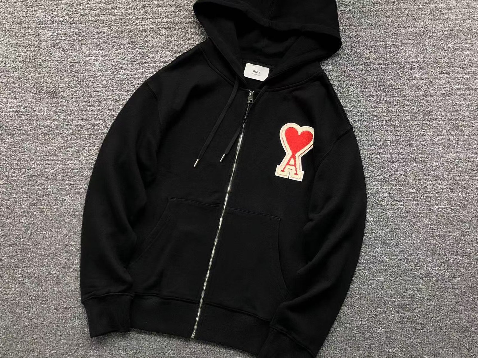 Ami Big Red Heart Zip Up Hoodie Black