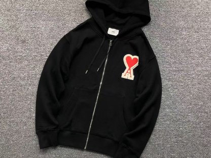 Ami Big Red Heart Zip Up Hoodie Black